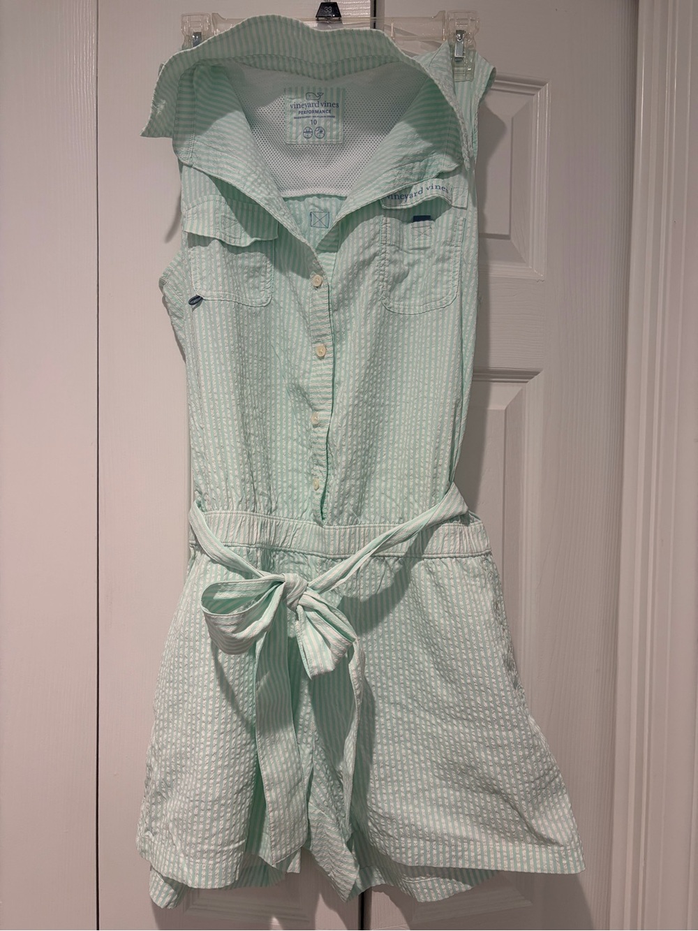 Vineyard Vines Mint and White Striped Performance button down romper